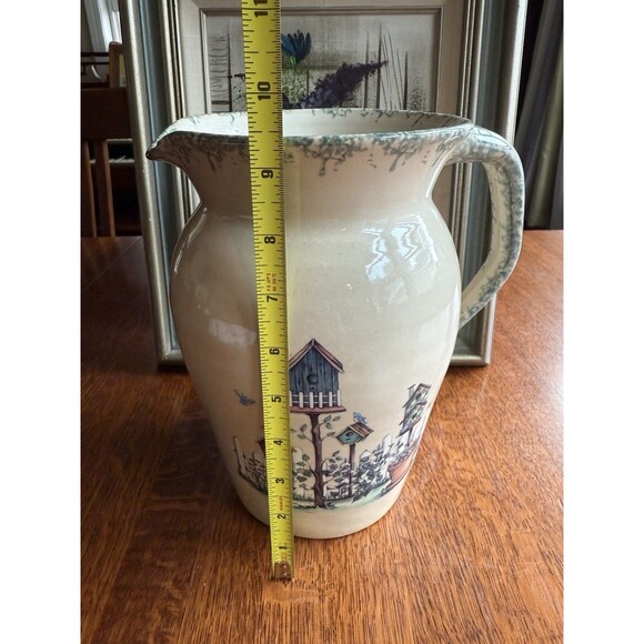 VTG Signed Stoneware 9.25" Pitcher Marshall Pottery Texas Bluebird Houses Sponge - Picture 8 of 10